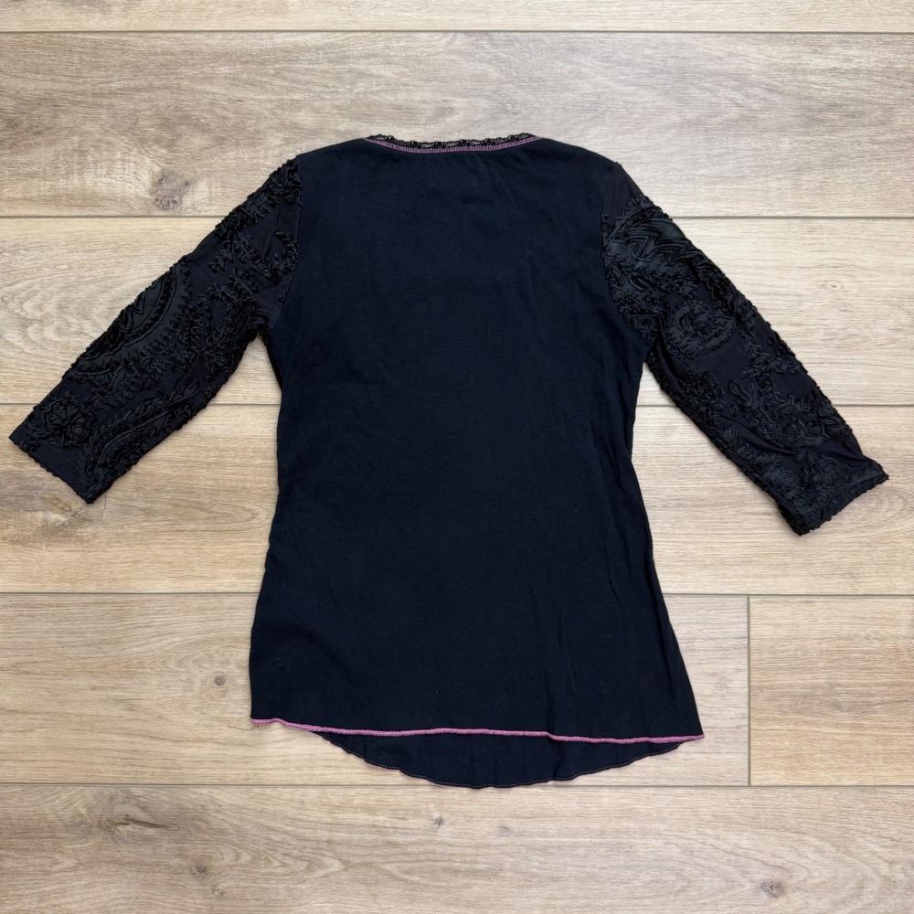 Edista Womens Vintage Y2K Grunge Graphic Top Black Sheer Embroidered Sleeves S - Picture 4 of 8